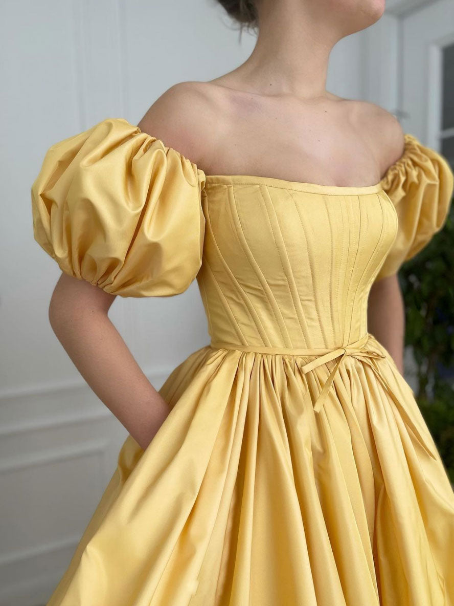 Simple yellow satin long prom dress, yellow evening dress