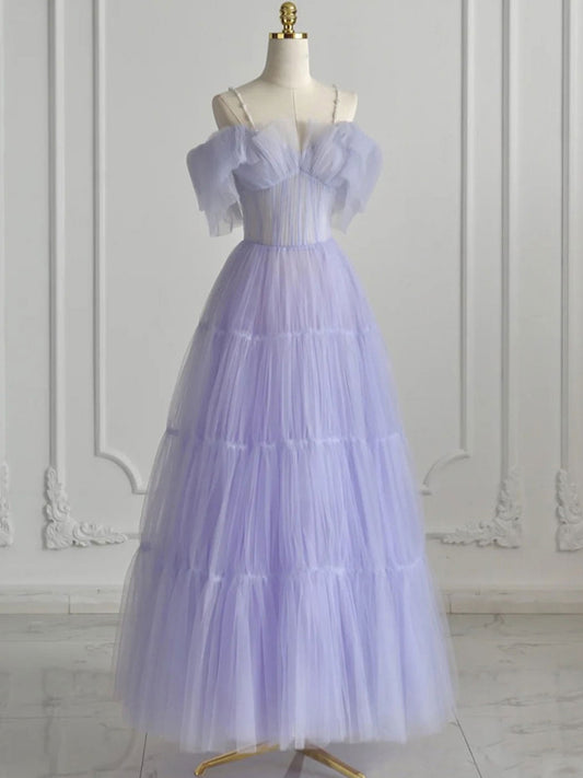Purple tulle long prom dress, tulle evening dress