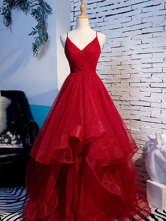 Burgundy v neck tulle long prom dress, burgundy evening dress