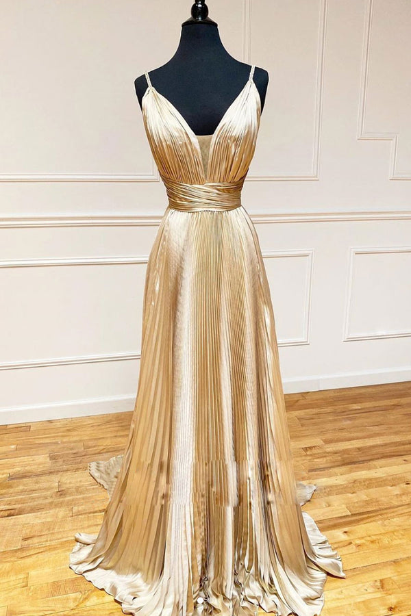 Simple v neck satin long prom dress champagne evening dress