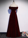 A-Line Off Shoulder V Neck Velvet Burgundy Long Prom Dress, Burgundy Long Formal Dress