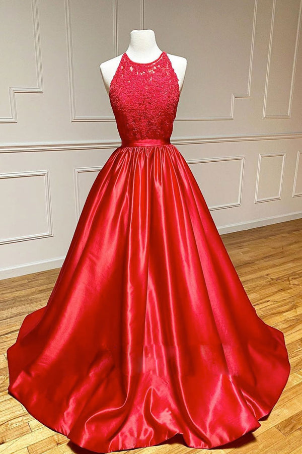 Red A line satin long prom dress red long formal dress