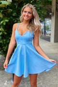 Simple blue v neck short prom dress blue cocktail dress