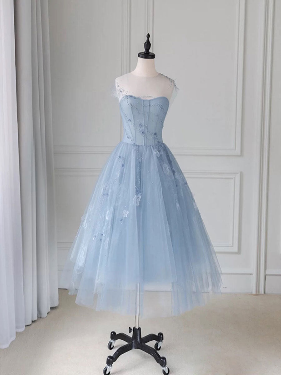 Blue round neck tulle short prom dress, blue tulle homecoming dress