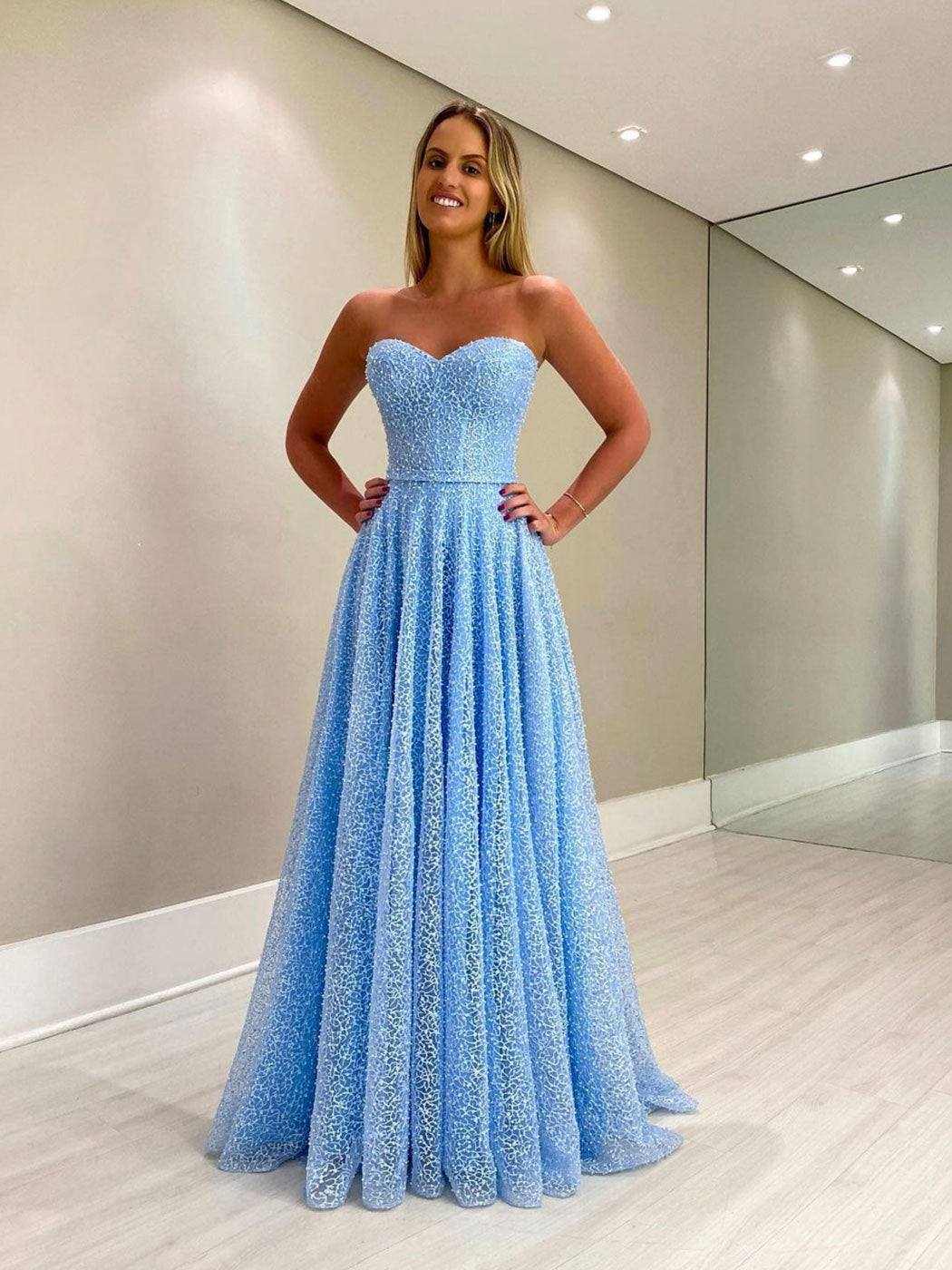 Blue sweetheart neck tulle beads long prom  dress