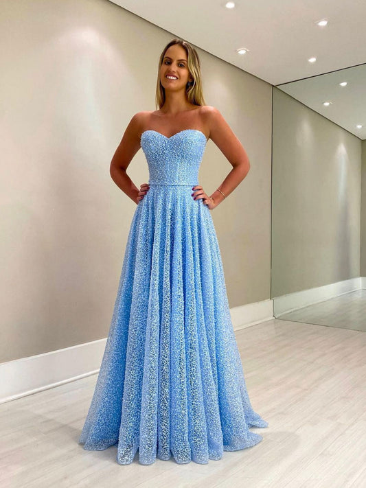 Blue sweetheart neck tulle beads long prom  dress