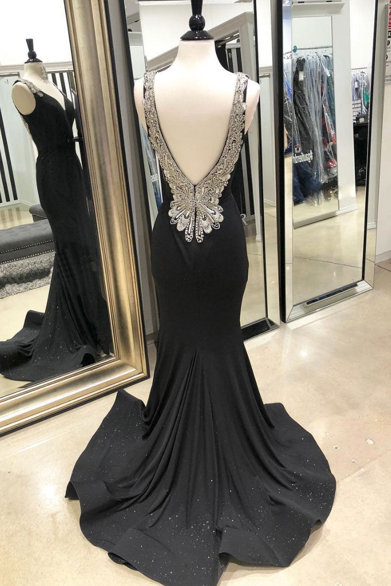 Black v neck mermaid long prom dress, black evening dress