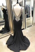 Black v neck mermaid long prom dress, black evening dress