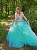Green sweetheart neck tulle lace long prom dress, green formal dress