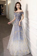 Blue tulle off shoulder long prom dress tulle formal dress