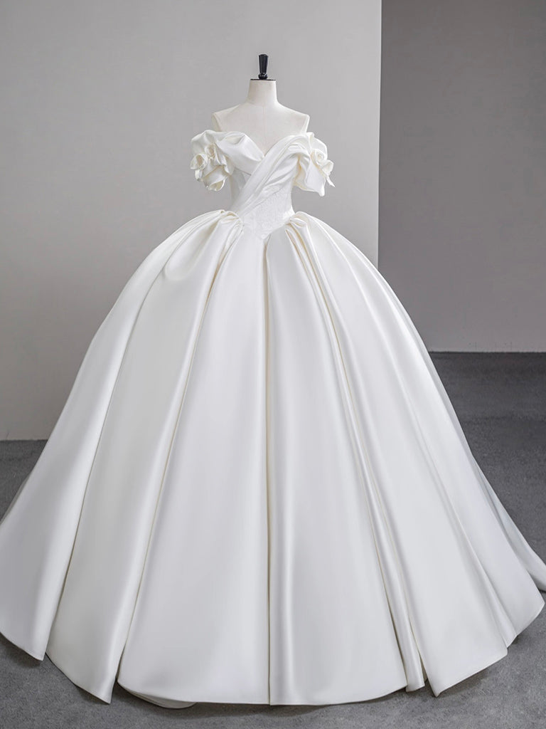 A-line Off Shoulder Satin White Long Prom Dress, White Long Formal Dress