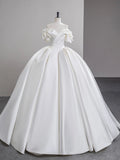A-line Off Shoulder Satin White Long Prom Dress, White Long Formal Dress