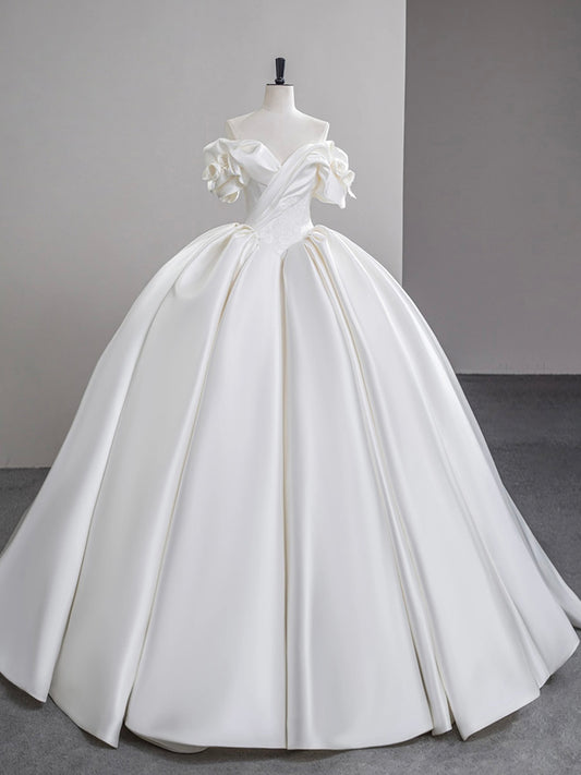 A-line Off Shoulder Satin White Long Prom Dress, White Long Formal Dress