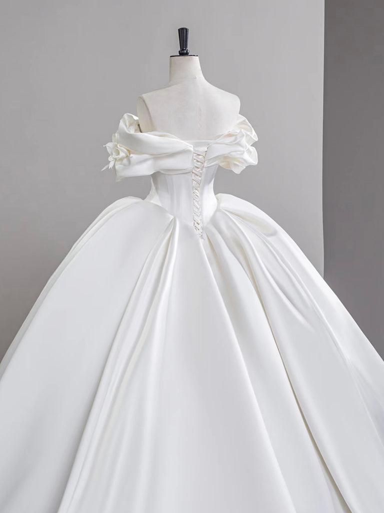 A-line Off Shoulder Satin White Long Prom Dress, White Long Formal Dress