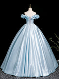A-Line Off Shoulder Satin Blue Long Prom Dress, Blue Long Formal Dress