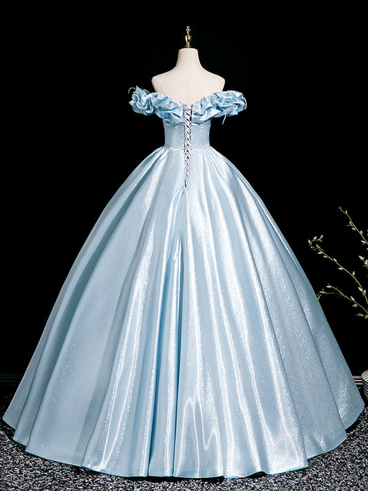 A-Line Off Shoulder Satin Blue Long Prom Dress, Blue Long Formal Dress