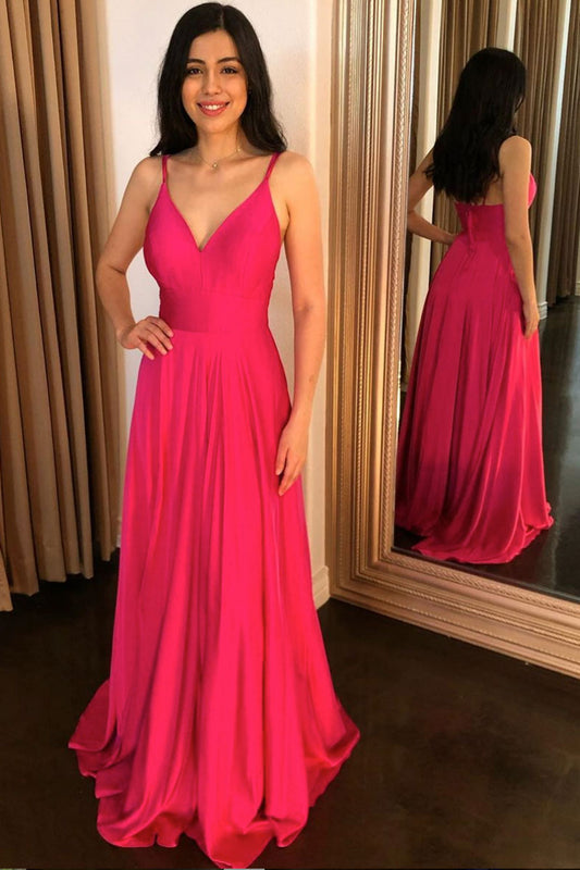 Simple v neck pink long prom dress pink formal dress