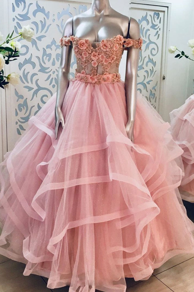Pink sweetheart off shoulder lace long prom dress pink evening dress