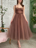 Simple Aline Tea Length Brown Prom Dresses, Brown Homecoming Dresses