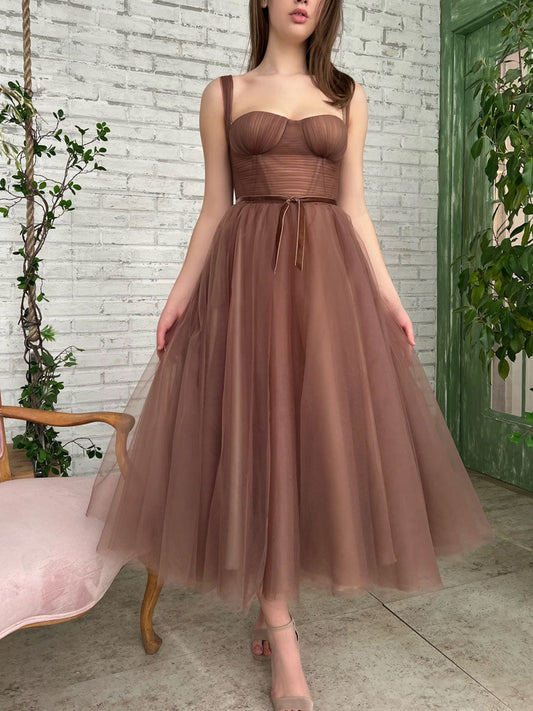 Simple Aline Tea Length Brown Prom Dresses, Brown Homecoming Dresses
