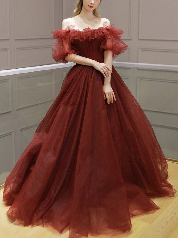 Burgundy tulle off shoulder long prom dress, burgundy evening dress