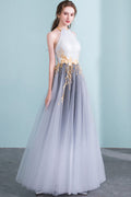 Gray high neck tulle long prom dress gray tulle formal dress