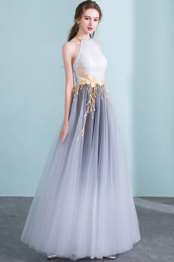 Gray high neck tulle long prom dress gray tulle formal dress