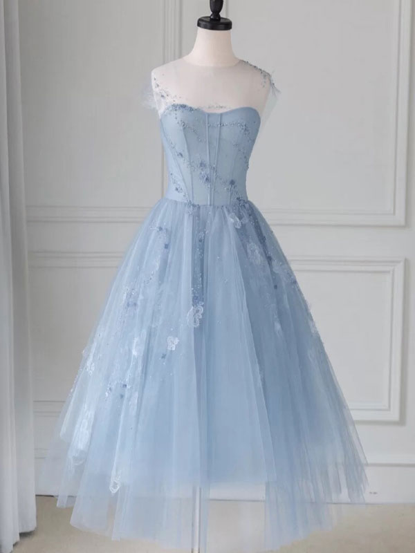 Blue round neck tulle short prom dress, blue tulle homecoming dress