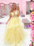 Yellow v neck tulle lace long prom dress, yellow tulle evening dress