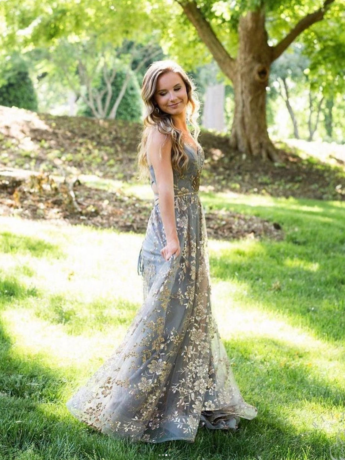 Unique v neck tulle sequin long prom dress, tulle evening dress