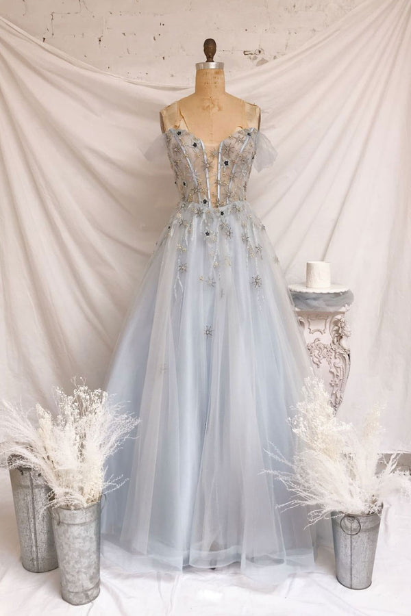 Blue sweetheart tulle long prom dress blue tulle formal dress