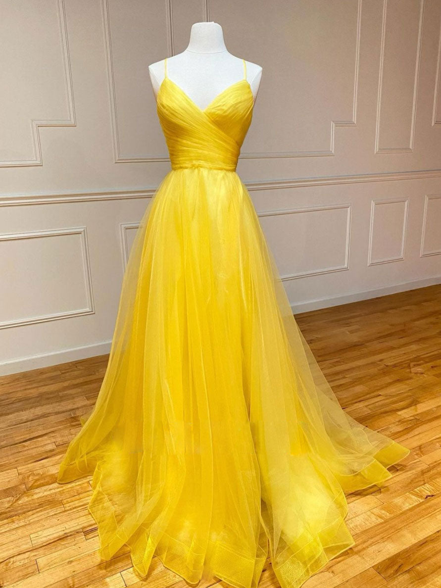 Yellow sweetheart tulle long prom dress, yellow evening dress