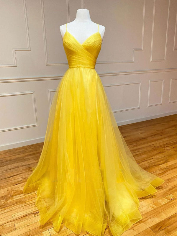 Yellow sweetheart tulle long prom dress, yellow evening dress