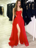 Red A line tulle long prom dress, red evening dress