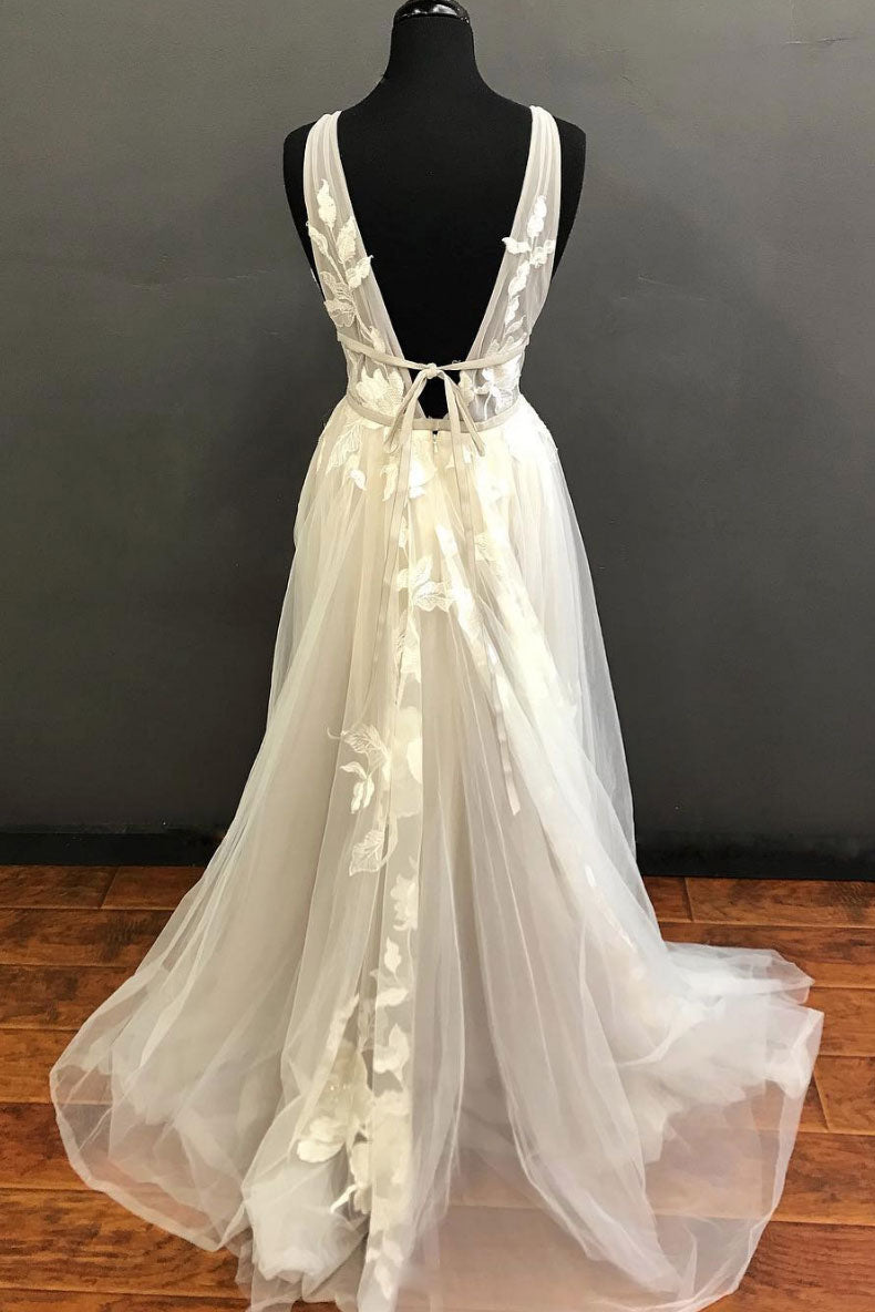 Light champagne tulle lace long prom dress, lace evening dress