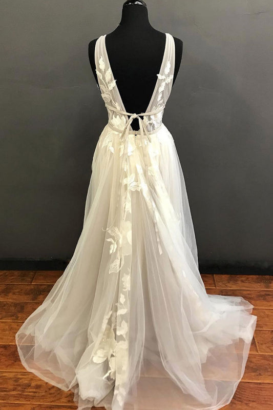 Light champagne tulle lace long prom dress, lace evening dress