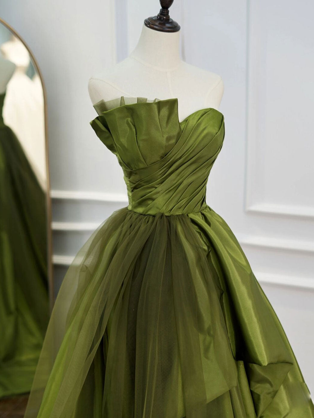 Green Satin Long Prom Dresses, Tulle Green Formal Evening Dresses