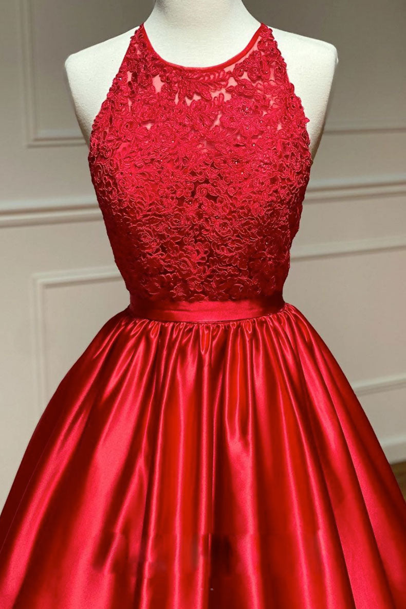 Red A line satin long prom dress red long formal dress