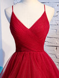 Burgundy v neck tulle long prom dress, burgundy evening dress