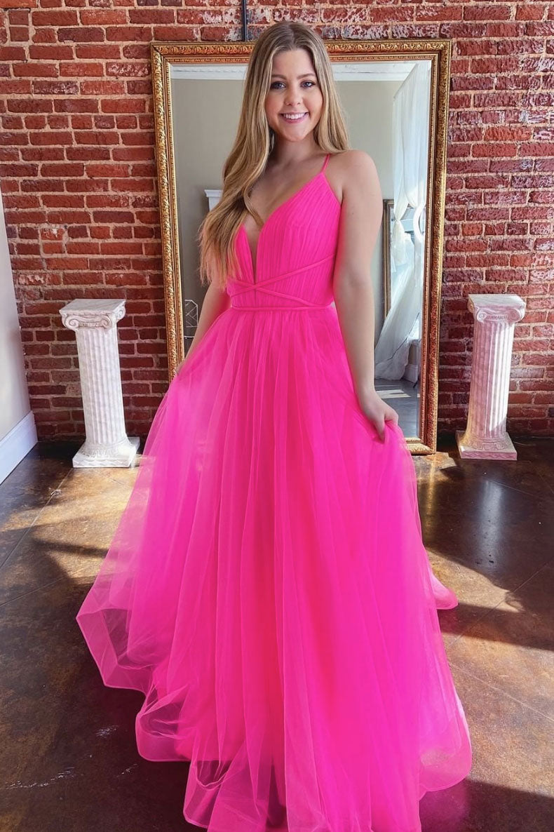 Simple v neck tulle long prom dress tulle long formal dress