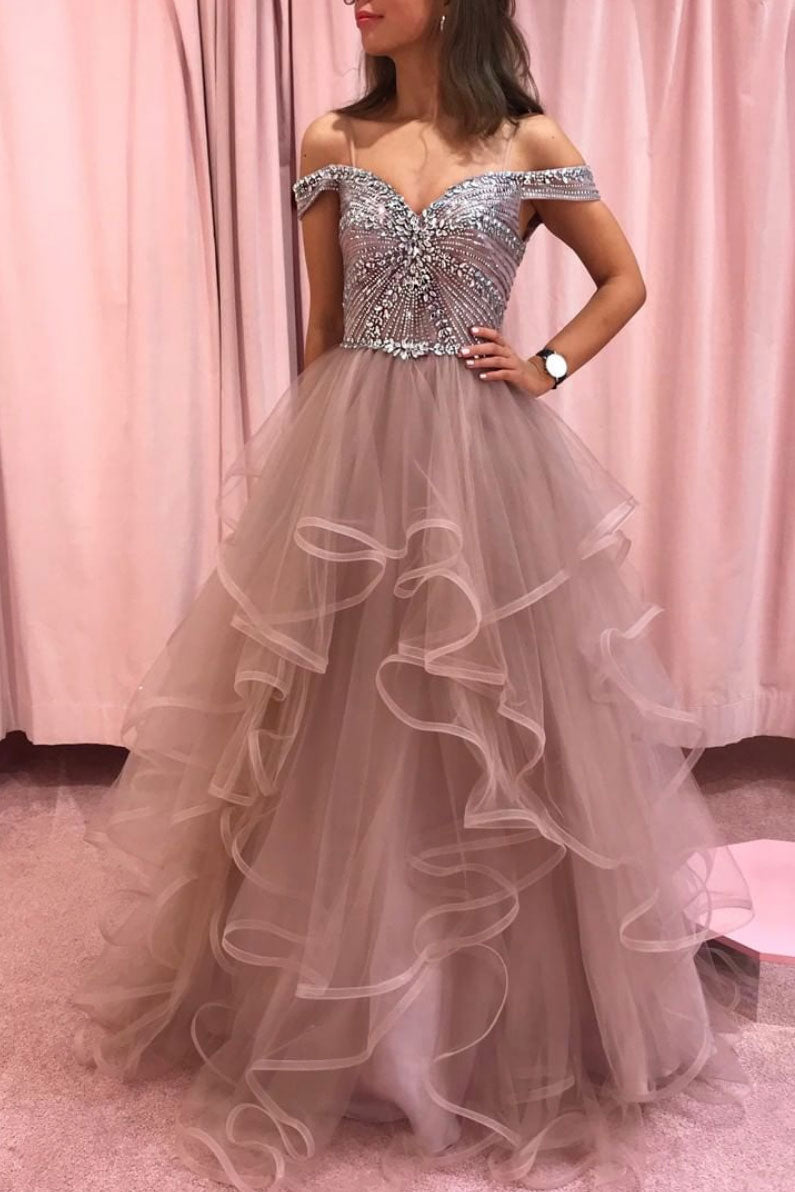 Champagne tulle off shoulder long prom dress tulle evening dress