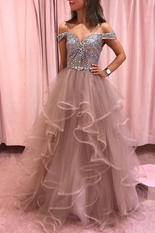 Champagne tulle off shoulder long prom dress tulle evening dress