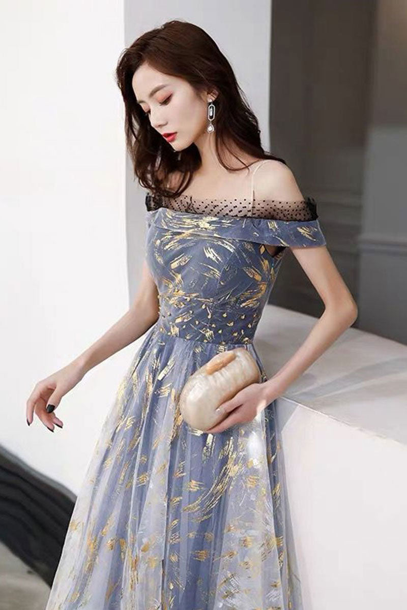 Blue tulle off shoulder long prom dress tulle formal dress