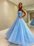 Blue sweetheart neck tulle beads long prom  dress