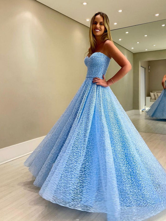 Blue sweetheart neck tulle beads long prom  dress