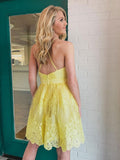 Yellow tulle lace short prom dress, yellow homecoming dress