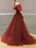 Burgundy tulle off shoulder long prom dress, burgundy evening dress