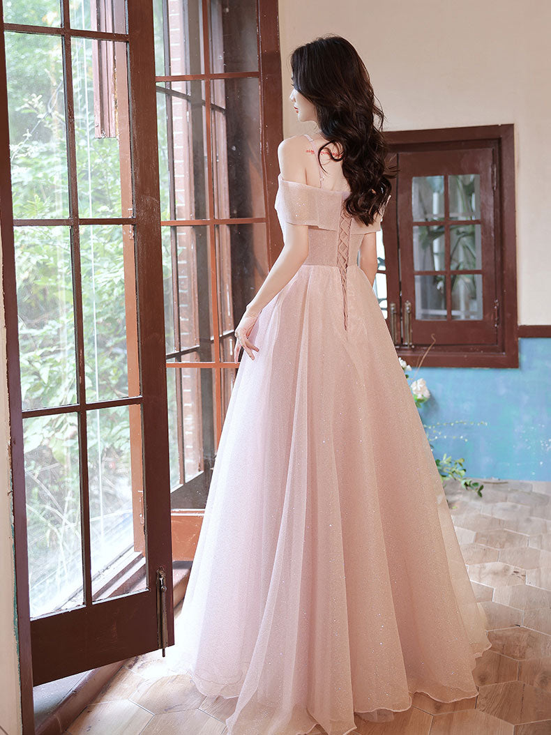 A Line Pink Long Prom Dresses, Off Shoulder Pink Formal Graduation Dresses