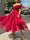 Simple burgundy tulle off shoulder prom dress, burgundy bridesmaid dress