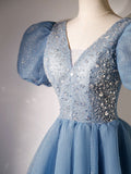A-Line V Neck Blue Short Prom Dress, Blue Homecoming Dress with Sequin